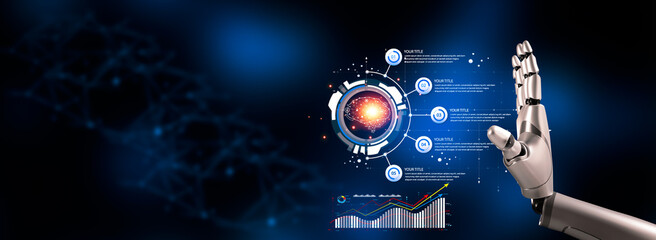 Business intelligence and AI concept. Artificial intelligence robot hand. Show hi-tech icon diagram Infographic style and growth graphs and analyze financial investment data, strategies and planning.