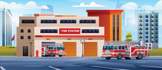Rolgordijnen Fire station building with fire trucks on cityscape background. Fire department and city landscape vector cartoon illustration © YG Studio