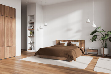Stylish white and wooden home bedroom interior with bed and shelf, decoration