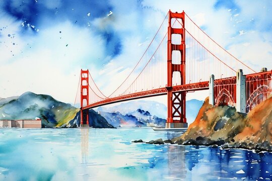 Abstract watercolor painting of the Golden Gate Bridge. Generative AI