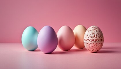 Fototapeta na wymiar a row of colored eggs sitting on top of a pink counter top next to an egg cup with a lace design on the side of the egg, on a pink background.