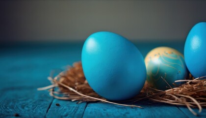 Fototapeta na wymiar three blue eggs sitting in a nest on top of a blue wooden table with straw on the bottom of the nest and one blue egg in the middle of the nest.