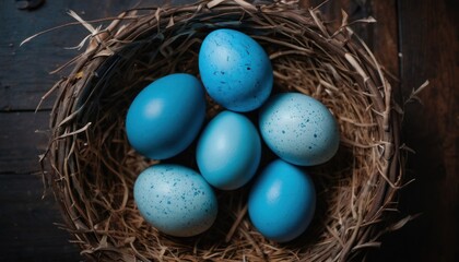 Naklejka na ściany i meble a nest filled with blue eggs sitting on top of a wooden table next to a pair of scissors and a pair of scissors on top of a piece of wood.