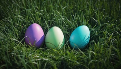 Fototapeta na wymiar a group of three colored eggs laying on top of a lush green grass covered field next to a blue and green egg in the middle of a row of three.