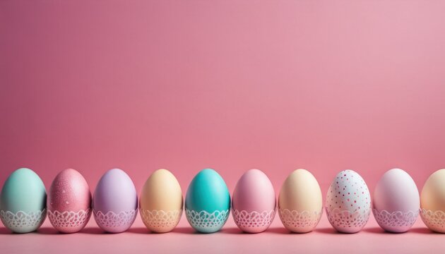  a row of painted eggs in pastel colors on a pink background with a white lace design on one of the eggs and the rest of the eggs in the same row.