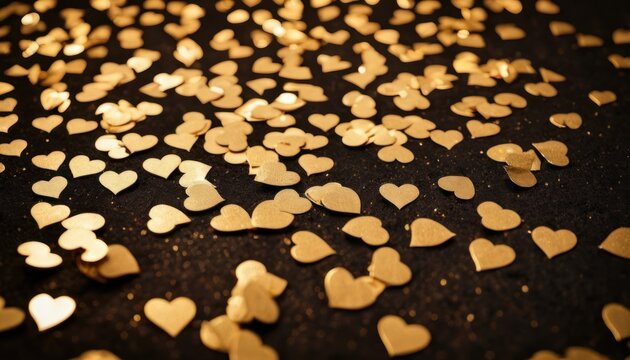  a bunch of gold hearts are scattered on a black surface with a light shining through the middle of the image and on top of the table is a black surface is a black surface with a.