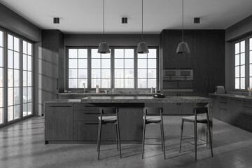 Grey home kitchen interior with bar counter and cabinet, panoramic window