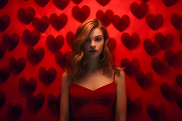 Naklejka premium Beautiful Young Woman in Romantic Red Background with Hearts for Valentine's Day