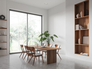 White home living room interior with table and seats, shelf and panoramic window