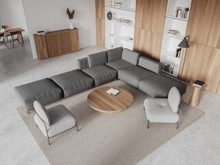 Top view of home living room interior with couch and eating table, decoration