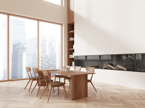 Light living room interior with chairs and table, panoramic window. Mockup wall