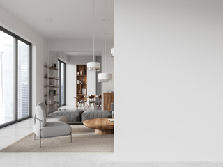 White living room interior with relax and eating zone, window. Mock up wall - obrazy, fototapety, plakaty