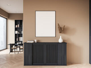 Beige home living room interior with drawer and eating table, mockup frame