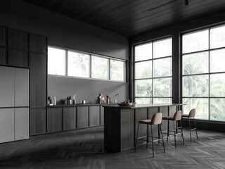 Corner view of home kitchen interior with bar counter and cabinet, window