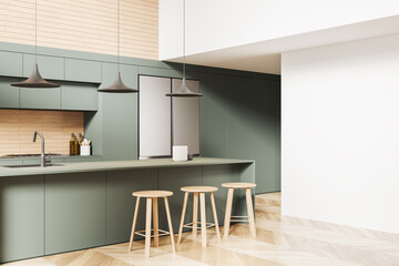 Modern kitchen interior with bar island and cabinet with refrigerator
