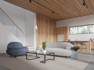 Corner view of studio interior with chill and cooking zone, panoramic window