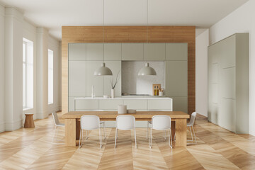 Modern home kitchen interior with bar island and cabinet with kitchenware