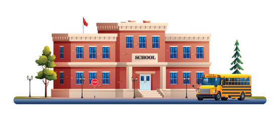 School building with school bus vector cartoon illustration isolated on white background
