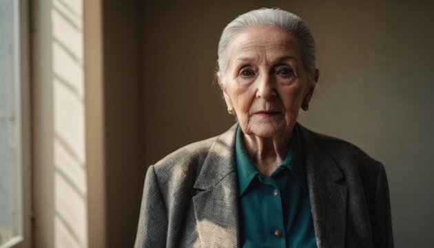  an older woman standing in front of a window with a serious look on her face, wearing a gray blazer and a green shirt, looking at the camera.