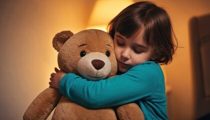  a little girl hugging a teddy bear in a room with a lamp on the side of the wall and a lamp on the side of the wall behind the teddy bear.