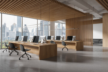 Wooden office interior with coworking and chill corner, panoramic window
