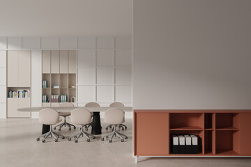 Cozy office interior with sideboard and folders, mock up wall