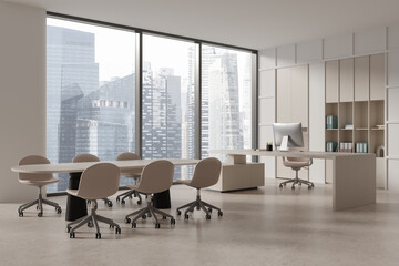 Stylish office interior with table and chairs, ceo workplace near window