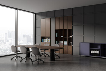 Grey office interior with meeting table and chairs, sideboard with window