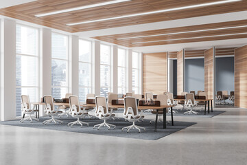 Stylish wooden business room interior with workplace and conference room, window