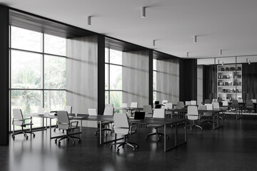 Corner view of office interior with meeting and coworking area, panoramic window