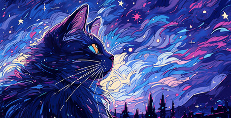 Hand drawn cartoon abstract artistic cat illustration under the starry sky

