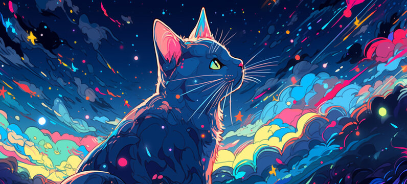 Hand Drawn Cartoon Abstract Artistic Cat Illustration Under The Starry Sky
