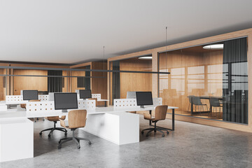 Modern office interior with coworking and glass conference boxes with furniture - obrazy, fototapety, plakaty