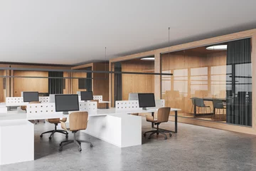 Foto op Plexiglas Modern office interior with coworking and glass conference boxes with furniture © ImageFlow