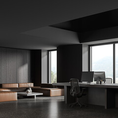 Corner view of dark office room interior with coworking and chill zone, window
