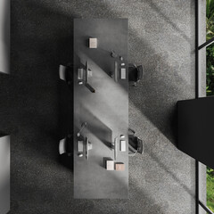 Top view of grey office interior with pc desktop and chairs, panoramic window