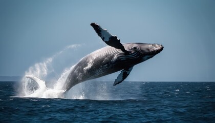  a humpback whale jumping out of the water with it's mouth open and it's tail spouting out of the water while it's tail is out of the water.