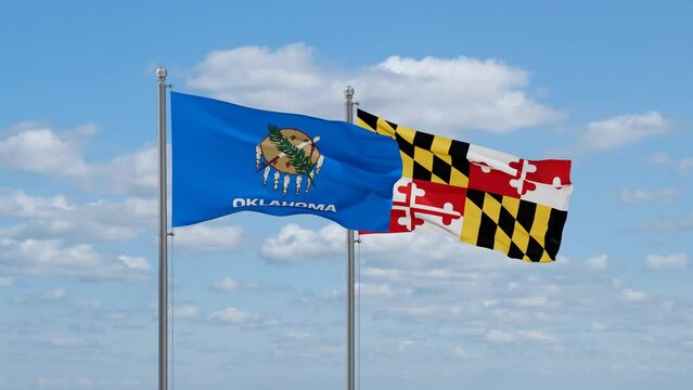 Maryland and Oklahoma US state flags waving together on cloudy sky, endless seamless loop