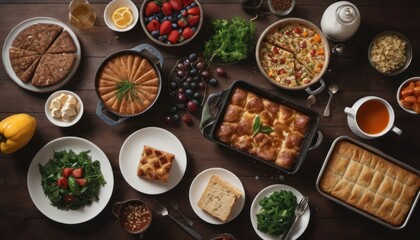  a table full of food including bread, fruit, salad, and other foods and condiments, including oranges, strawberries, oranges, and other fruits. - obrazy, fototapety, plakaty