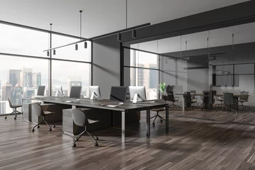 Foto op Aluminium Grey business interior with workplace and conference room, panoramic window © ImageFlow