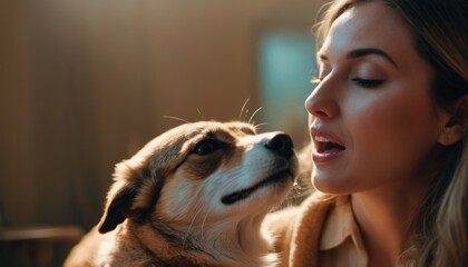  a woman holding a dog in her lap and looking at it's face with a surprised look on her face as she licks the dog's nose.