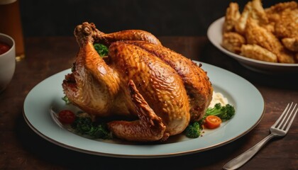  a roasted turkey sits on a plate next to a bowl of potato wedges and a plate of potato wedges and a glass of beer on a wooden table.