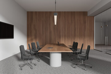 Modern office business room interior with meeting table and tv screen