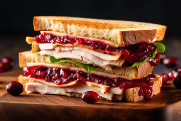 A close-up view of a turkey and cranberry sandwich. (Generative AI)