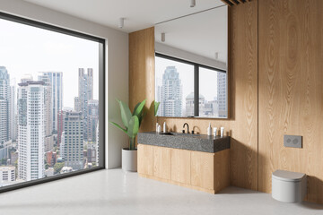 Luxury hotel bathroom interior with washbasin and toilet, panoramic window