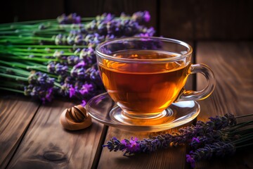 a cup of tea and lavender flowers