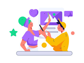 Virtual characters social communication concept business flat vector hand drawn illustration
