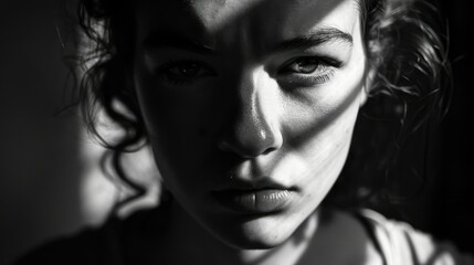 Monochromatic Portrait with Shadows: A dramatic woman portrait with strong shadows and highlights, captured in monochrome