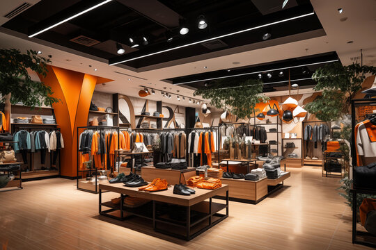 Interior of a fashionable clothing boutique and accessories on display. Luxury apparel store