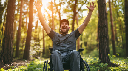 Disabled handicapped man in a wheelchair laughing and raising hands of joy in nature